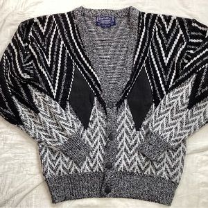 Vtg Men’s Barnaby Knit Cardigan Cosby Sweater Zigzag Leather Accents Large